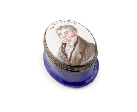 ENGLISH ENAMEL PORTRAIT SNUFF BOX FOR THE MARQUIS DE LAFAYETTE EARLY 19TH CENTURY of oval form with a hinged domed cover and 