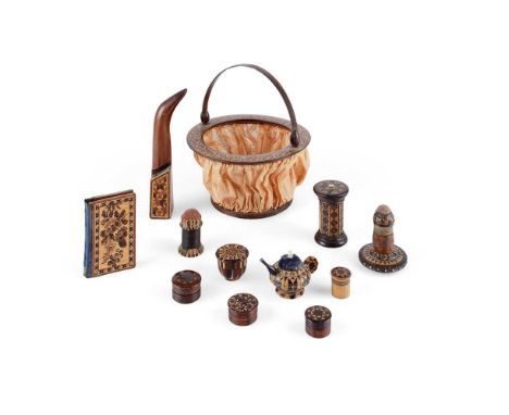 COLLECTION OF TWELVE TUNBRIDGE WARE SEWING UTENSILS 19TH CENTURY  comprising of a floral basket with apricot fabric sides and