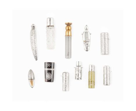 Y COLLECTION OF VARIOUS MINIATURE SILVER MOUNTED SCENT BOTTLES 19TH CENTURY AND LATER comprising three silver cylindrical exa