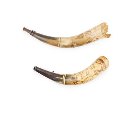 TWO ENGRAVED POWDER HORNS LATE 18TH/ EARLY 19TH CENTURY one possibly Australian Colonial with and engraved of a coat of arms 