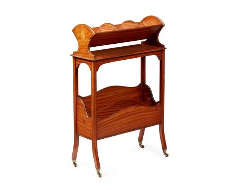 EDWARDIAN SATINWOOD BOOK TROUGH EARLY 20TH CENTURY the top with three divisions, above a sectioned base, on slender square le