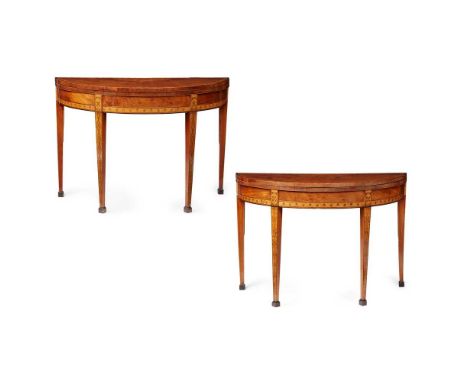 PAIR OF GEORGE III MAHOGANY, SATINWOOD, FRUITWOOD AND PENWORK CARD TABLES LATE 18TH CENTURY the crossbanded demilune tops dec