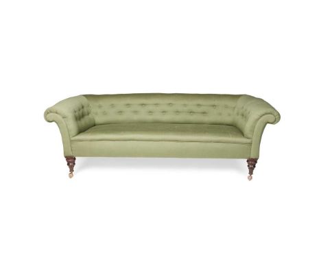 VICTORIAN CHESTERFIELD SOFA 19TH CENTURY the low button upholstered back and wide scrolled arms above a deep padded seat, rai