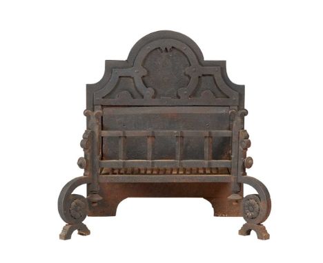 EARLY VICTORIAN GOTHIC REVIVAL CAST IRON FIRE BASKET MID 19TH CENTURY the arched pediment backplate with strapwork detail, ab