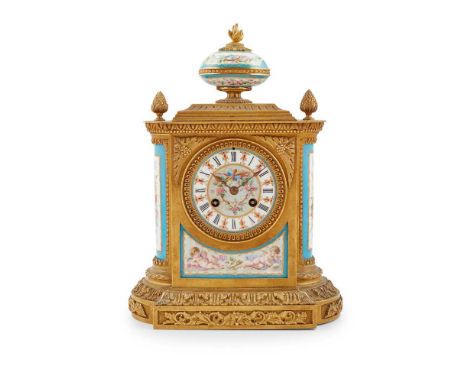 FRENCH SÈVRES STYLE PORCELAIN AND GILT BRONZE MANTEL CLOCK 19TH CENTURY the painted and jewelled porcelain dial with black Ro