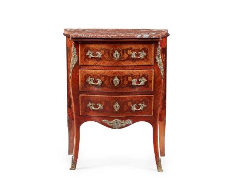 LOUIS XV STYLE KINGWOOD AND AMARANTH MARQUETRY BOMBÉ COMMODE  19TH CENTURY  of small size, the serpentine rouge marble top wi