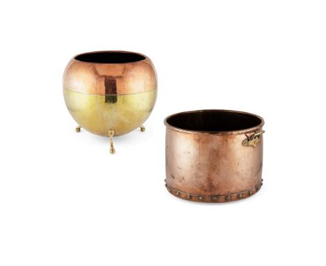 TWO COPPER LOG BUCKETS 19TH CENTURY the first with a riveted base and cast brass handles; the other ovoid with a planished co