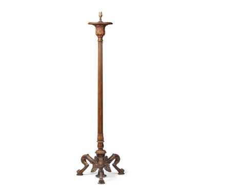 PATINATED BRONZE STANDARD LAMP 20TH CENTURY in the neoclassical style, the fluted column on a tripod base with anthemions and