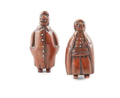 TWO CARVED COQUILLA NUT CHARACTER SNUFF BOXES 19TH CENTURY the first example depicting a man with a bulbous nose and long hai
