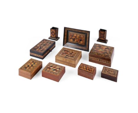 COLLECTION OF TUNBRIDGE WARE 'TUMBLING BLOCK' PATTERN ITEMS 19TH CENTURY comprising two cigarette boxes with hinged covers, w