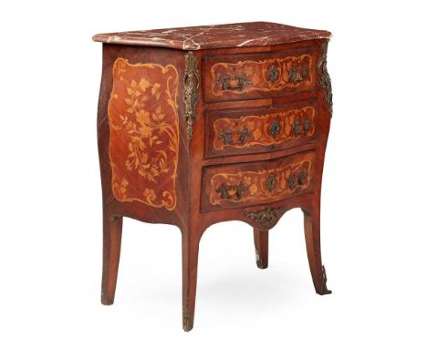 FRENCH KINGWOOD, AMARANTH, AND MARQUETRY PETITE BOMBÉ COMMODE 19TH CENTURY in the Louis XV style, the serpentine Rouge Griott