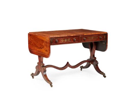 Y REGENCY ROSEWOOD AND BRASS INLAID SOFA TABLE EARLY 19TH CENTURY the rounded rectangular drop leaf top with boxwood strung b