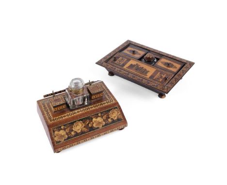 Y TWO TUNBRIDGE WARE DESK STANDS MID 19TH CENTURY the first with a canted rosewood body, inset to the centre with an inkwell 