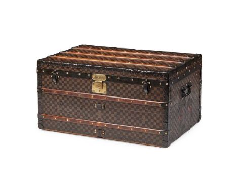 LOUIS VUITTON STEAM TRUNK CIRCA 1890 Damier canvas exterior, with black enamel handles, catches and a square brass lock, blac
