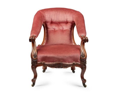 EARLY VICTORIAN WALNUT FRAMED OPEN ARMCHAIR MID 19TH CENTURY the button upholstered back leading to downswept padded open arm