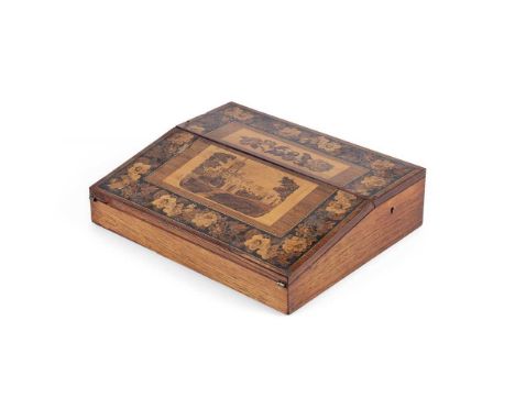 Y ROSEWOOD TUNBRIDGE WARE LAP DESK 19TH CENTURY the slope with an architectural scene within a floral inlaid border, the inte