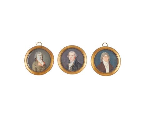 THREE FRENCH PORTRAIT MINIATURES OF GENTLEMEN 19TH CENTURY circular, painted in watercolour, gouache, and body colour on card