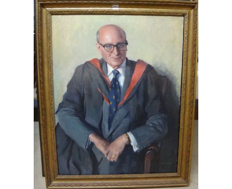 Lucien Dring (20th century), Portrait of Philip John Steed O.B.E., M.A., F.R.S.L., Dean of academic studies, oil on canvas, s