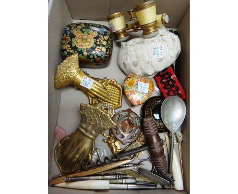 A quantity of collectables including; a Victorian brass desk paper clip modelled as a lady's hand (13.5cm), two white metal s