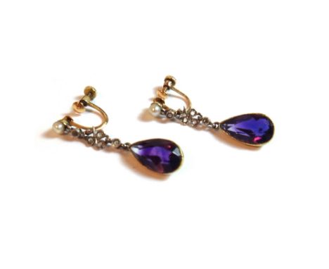 A pair of diamond, amethyst and cultured pearl earrings, each with a pear shaped amethyst drop, a diamond set trefoil shaped 