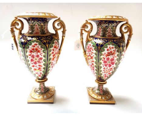 A pair of Worcester Flight Barr & Barr porcelain two handled vases, early 19th century, each of classical urn form, gilt Imar