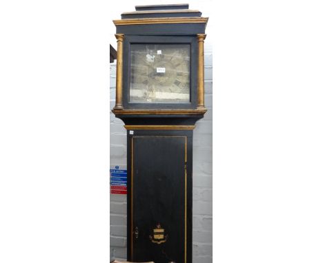 An early 18th thirty hour longcase clock with later ebonised and parcel gilt case, the square 11 inch dial signed 'William Ke