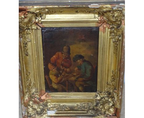 Manner of David Teniers, Tavern scene, oil on panel, 15cm x 11.5cm.; together with a 19th century Dutch School Portrait of an