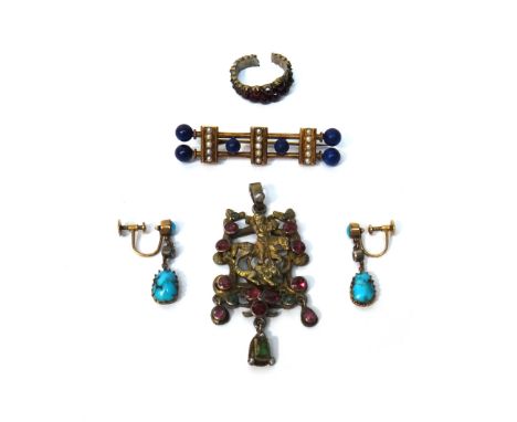 A Victorian lapis lazuli and seed pearl set brooch, a pair of turquoise and colourless gem set earrings, the tops with screw 