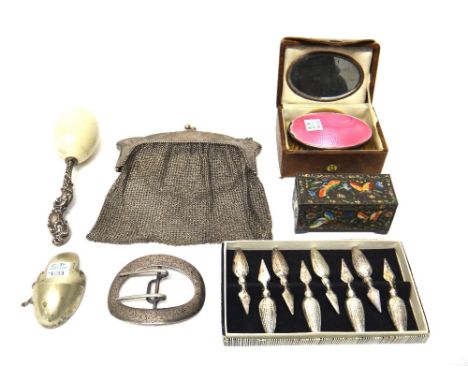 A silver and pink enamel mounted oval hairbrush, Birmingham 1927, with a case, a set of eight plated corn-on-the-cob holders,