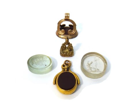 A Victorian 15ct gold mounted bloodstone and cornelain set rotating oval twin sided pendant fob seal, engraved with a crest, 