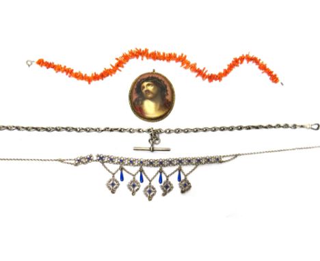 A single row necklace of graduated branch corals, a filigree and blue enamelled necklace, detailed 930 S, an oval ceramic pen