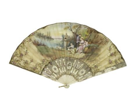 A Continental painted silk fan, 19th century, detailed with a gallant and companions against a pastoral view with lake with s