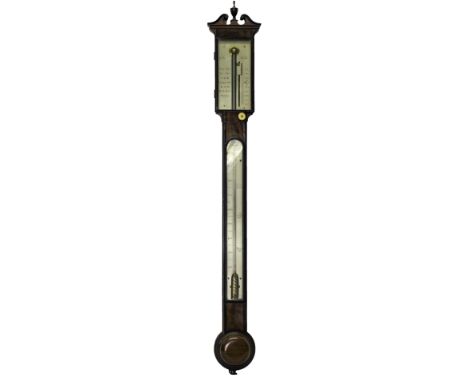 A late George III Scottish mahogany stick barometer by John Gibson of Kelso with urn finial, broken arch pediment and silvere