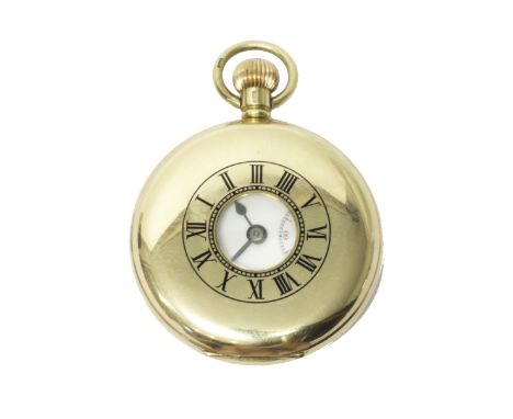 A gentleman's 9ct gold cased, keyless wind, half hunting cased pocket watch, the enameled dial with black Arabic numerals, su