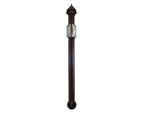 A mahogany stick barometer by W. Robb, early 19th century, with shaped crested surmount, silvered vernier scale, mercury cove