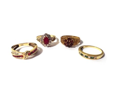 A 9ct gold, ruby and diamond set ring, in a twistover design, a 9ct gold, oval cut synthetic ruby and diamond set cluster rin