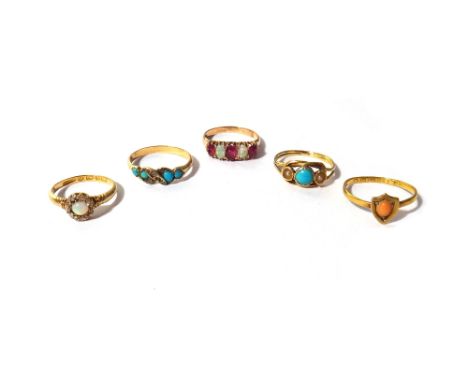 A Victorian 18ct gold, opal and diamond set cluster ring, Birmingham 1896, a gold, opal and garnet set five stone ring, a gol