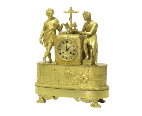 A French gilt bronze striking mantel clock, 19th century, the case of stylised bound bale form flanked by two figures allegor