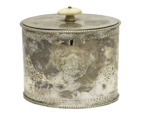 A George III silver oval hinge lidded tea caddy, with engraved decoration within beaded rims, with an ivory finial, crest eng