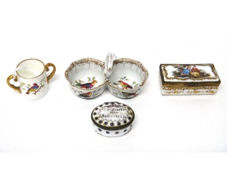 An oval enamelled hinge lidded pill box, detailed 'A Trifle From Sheffield' and fitted with a mirror within, probably South S