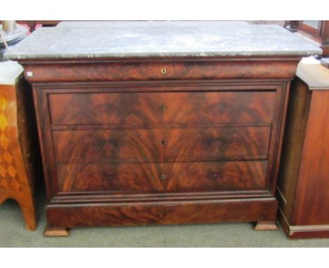 An early 19th century French marble top commode with five drawer mahogany base, 130cm wide. 