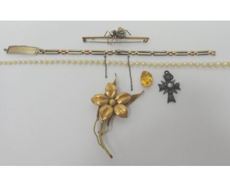 A two colour gold brooch, designed as a floral spray, a blister pearl, enameled and green gem set pendant cross, a two colour