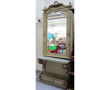 A late 19th century Continental gilt metal mounted grey painted bevelled glass hall mirror, with marble top console united by