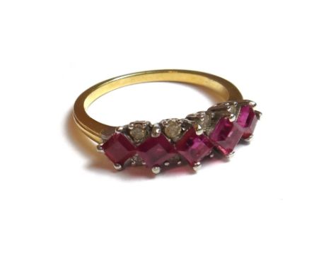 A gold, ruby and diamond set ring, mounted with a row of five square cut rubies alternating with four pairs of circular cut d