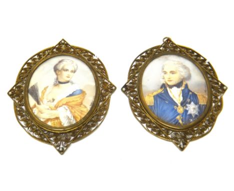A pair of oval portrait miniatures, one depicting the portrait of Admiral Lord Nelson and the other of a lady holding a fan, 