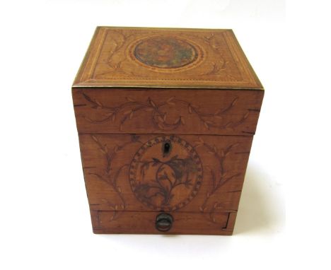 A George III fruitwood square tea caddy, with a single drawer and trailing leaf inlay, 14cm wide.