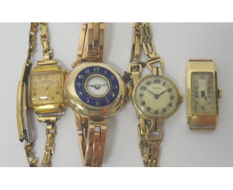 A lady's 9ct gold cased, half hunting cased wristwatch, import mark London 1913, on an expanding gold bar link bracelet, deta