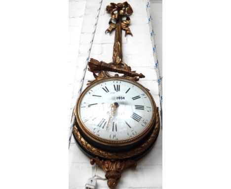 A French bronze doré pendant wall clock of Louis XVI style, with ribbon cast surmount over a quiver of arrows, the enamel dia