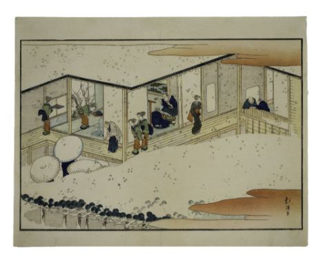 Totoya Hokkei, ( 1780-1850), a Japanese woodblock print , Winter Scene at a Teahouse, a page from the album Santo no tomoe, 2