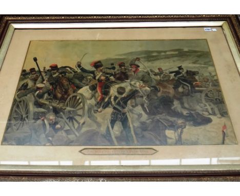 A Victorian colour lithographic print titled 'Balaclava, October 25th 1854, Relief of the Light Brigade', housed in a gilt ge